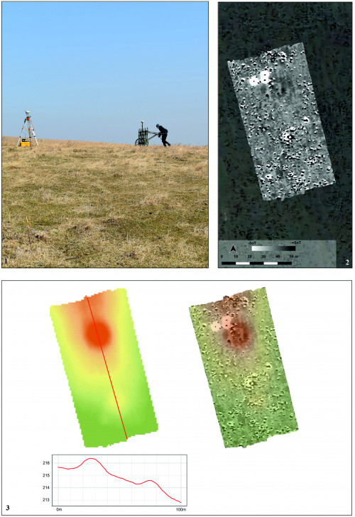 Fig. 2. Târgu Neamț - Islaz/Aerodrom: 1, scanarea geofizică a tumului T.1; 2-4, harta geofizică a zonei investigate (2-4, după C. Mishcka, 2022).